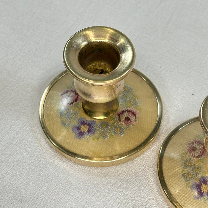 Vintage Brass Candle Holders Embroidered Floral Pair 1950s Petite 2