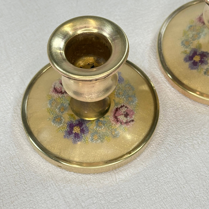 Vintage Brass Candle Holders Embroidered Floral Pair 1950s Petite 2