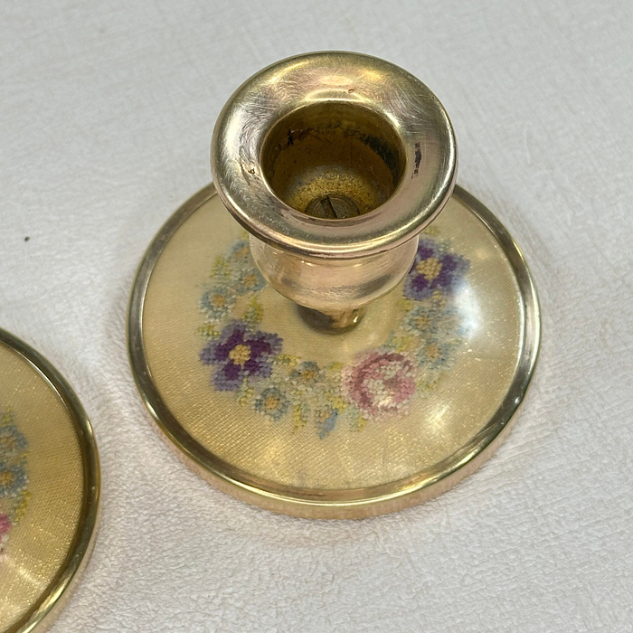 Vintage Brass Candle Holders Embroidered Floral Pair 1950s Petite 2