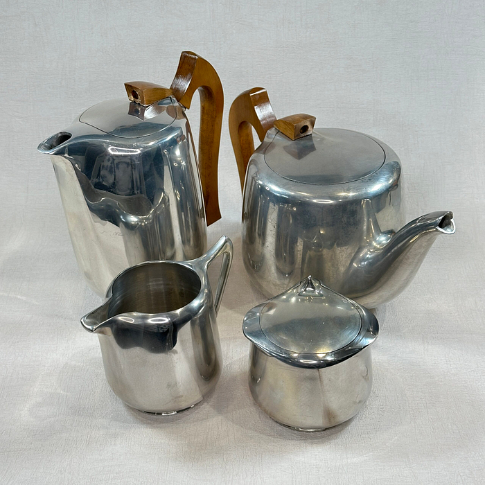 Vintage Picquot Ware Tea Coffee Set 4pc 1960s Teak Handles Retro