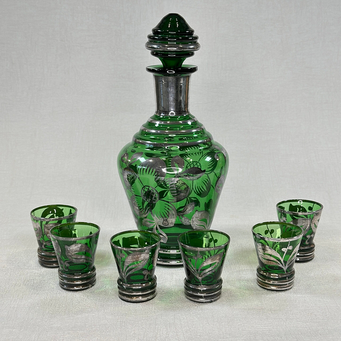 Vintage Italian Green Silver Decanter Set 7pc Art Deco Liqueur Cordial