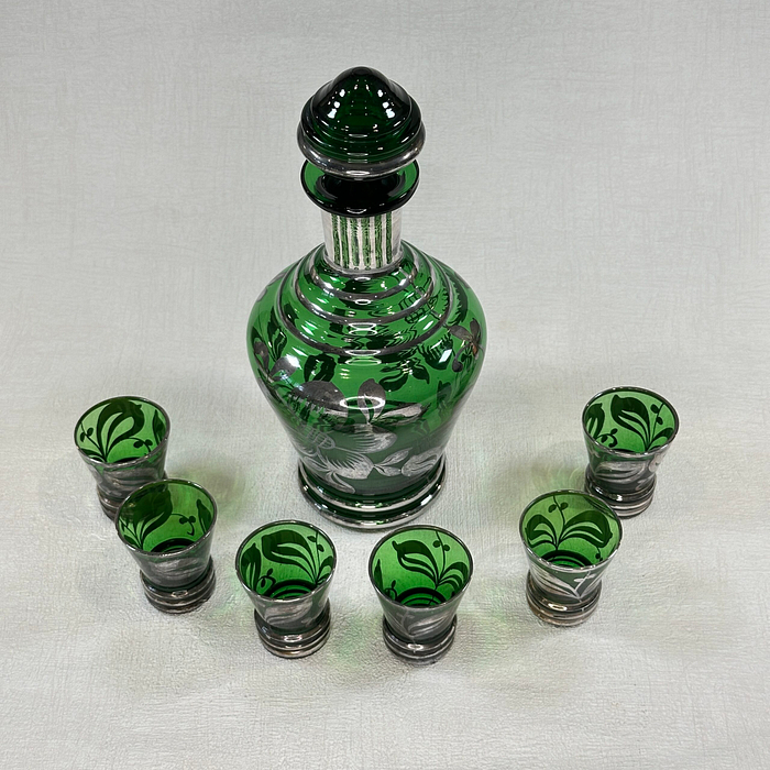 Vintage Italian Green Silver Decanter Set 7pc Art Deco Liqueur Cordial