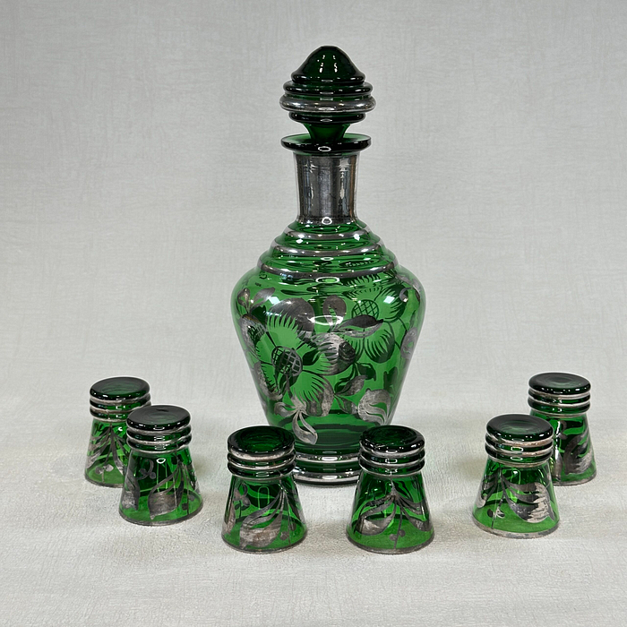 Vintage Italian Green Silver Decanter Set 7pc Art Deco Liqueur Cordial