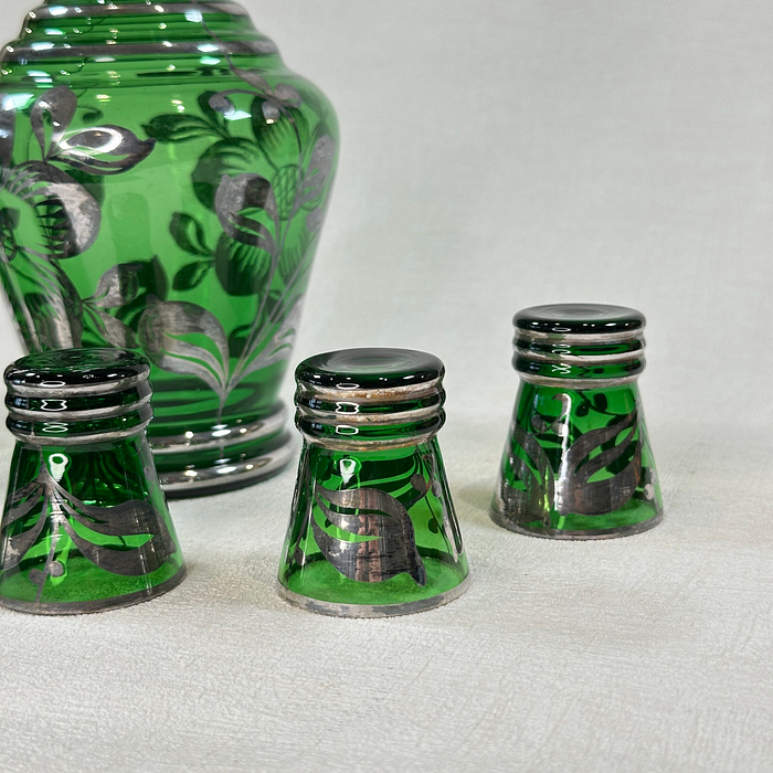 Vintage Italian Green Silver Decanter Set 7pc Art Deco Liqueur Cordial