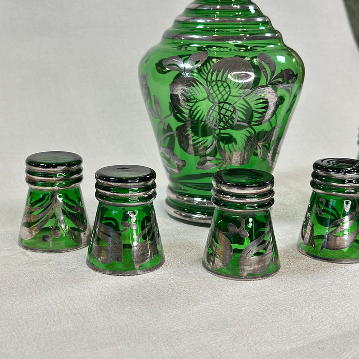 Vintage Italian Green Silver Decanter Set 7pc Art Deco Liqueur Cordial