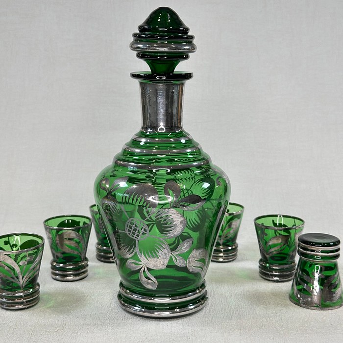 Vintage Italian Green Silver Decanter Set 7pc Art Deco Liqueur Cordial