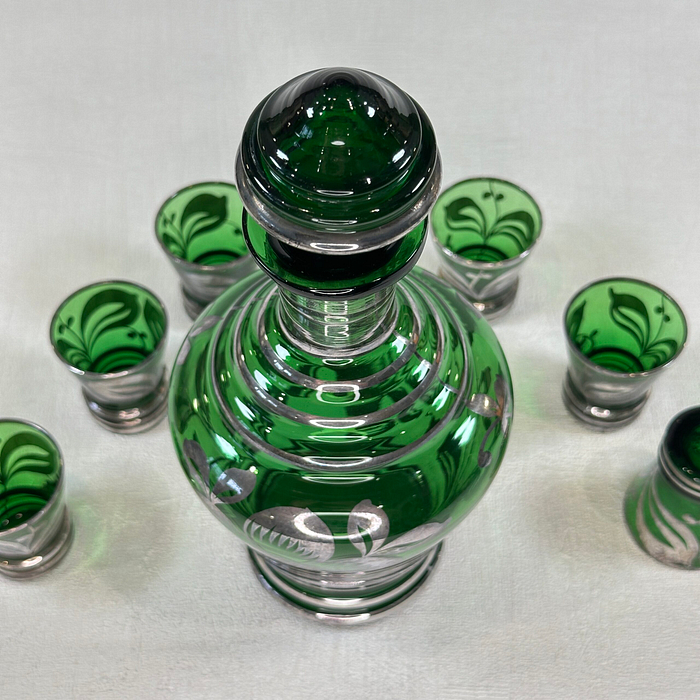 Vintage Italian Green Silver Decanter Set 7pc Art Deco Liqueur Cordial