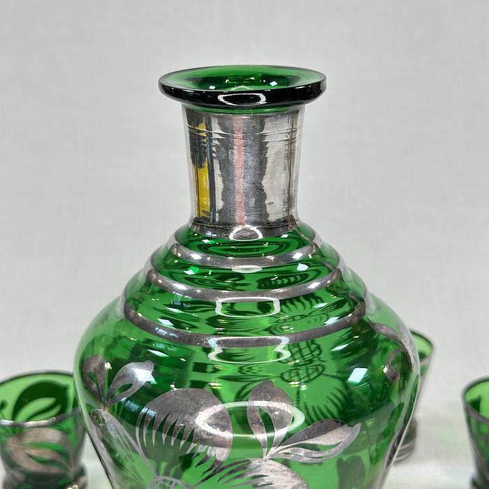 Vintage Italian Green Silver Decanter Set 7pc Art Deco Liqueur Cordial