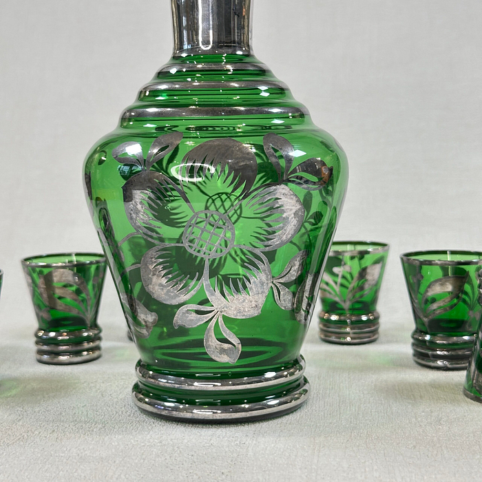 Vintage Italian Green Silver Decanter Set 7pc Art Deco Liqueur Cordial