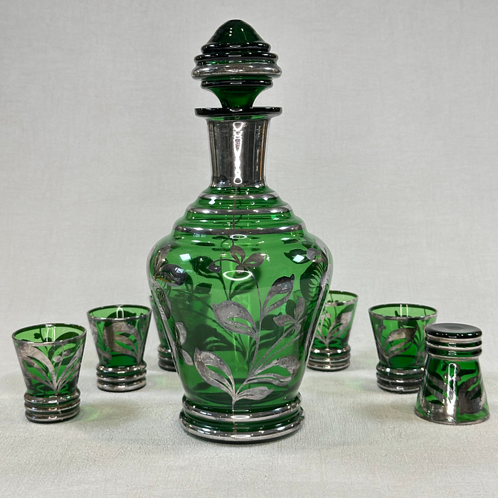 Vintage Italian Green Silver Decanter Set 7pc Art Deco Liqueur Cordial