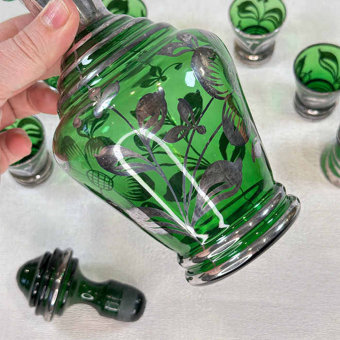 Vintage Italian Green Silver Decanter Set 7pc Art Deco Liqueur Cordial