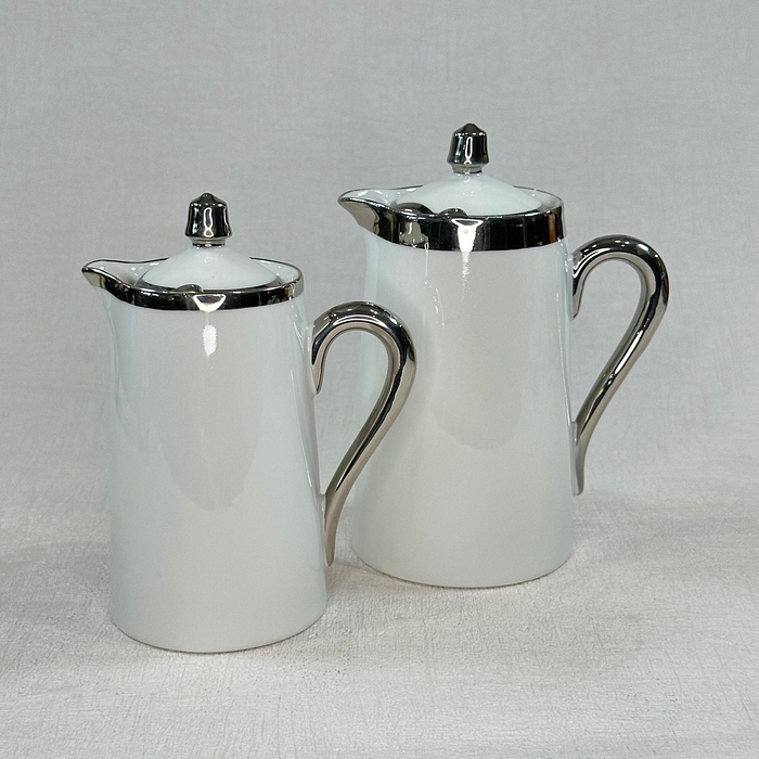 Rare Limoges Coffee Pots Pair H. Gascogne White Silver Art Deco