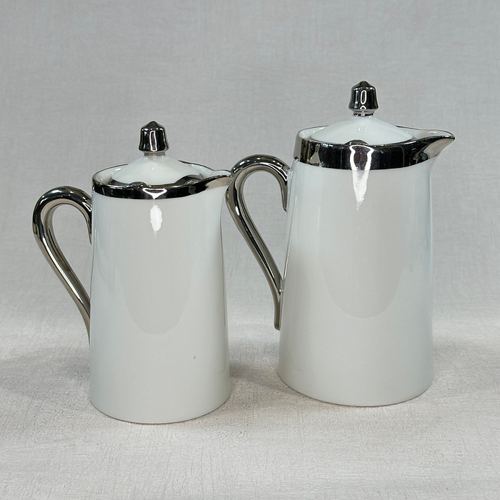 Rare Limoges Coffee Pots Pair H. Gascogne White Silver Art Deco