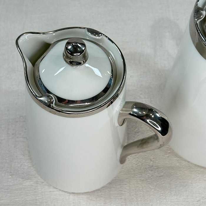 Rare Limoges Coffee Pots Pair H. Gascogne White Silver Art Deco