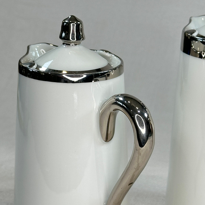 Rare Limoges Coffee Pots Pair H. Gascogne White Silver Art Deco