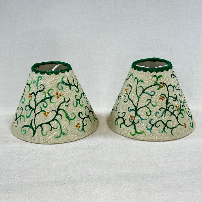 Pair Linen Lampshades 14cm Empire Green Foliage Hand-Painted Clip-On