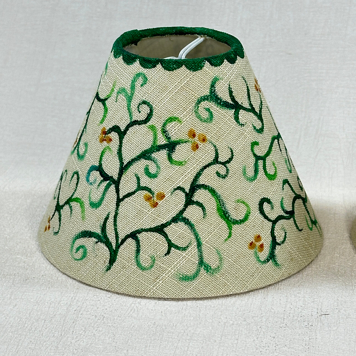 Pair Linen Lampshades 14cm Empire Green Foliage Hand-Painted Clip-On