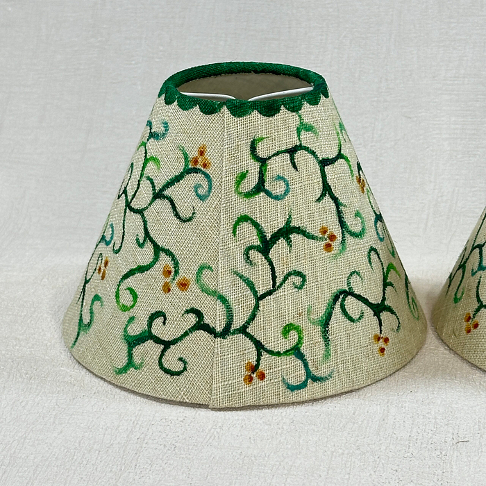 Pair Linen Lampshades 14cm Empire Green Foliage Hand-Painted Clip-On