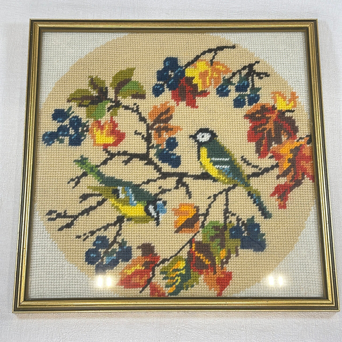 Vintage 1980s Blue Tit Cross Stitch Embroidery Framed Artwork Bird Art