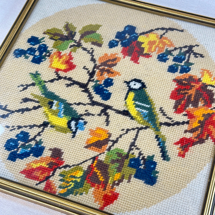 Vintage 1980s Blue Tit Cross Stitch Embroidery Framed Artwork Bird Art