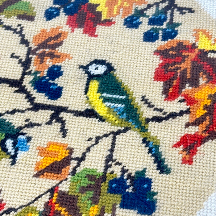 Vintage 1980s Blue Tit Cross Stitch Embroidery Framed Artwork Bird Art