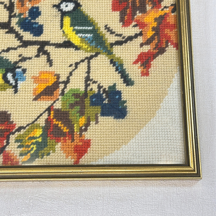 Vintage 1980s Blue Tit Cross Stitch Embroidery Framed Artwork Bird Art