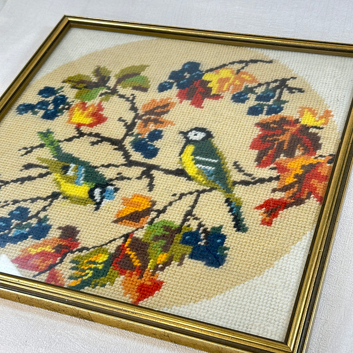 Vintage 1980s Blue Tit Cross Stitch Embroidery Framed Artwork Bird Art