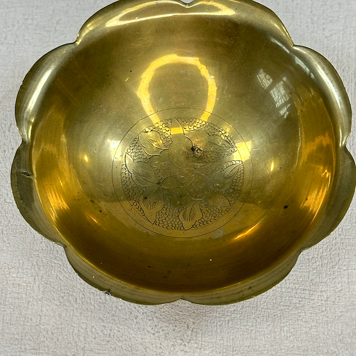 Vintage Brass Bowl 3 Footed Scalloped Edge Etched Floral "Foreign"