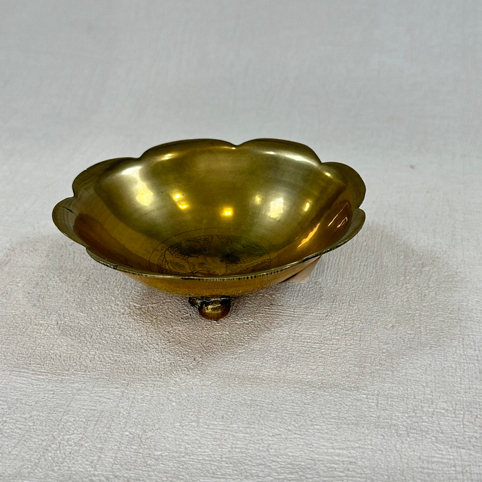 Vintage Brass Bowl 3 Footed Scalloped Edge Etched Floral "Foreign"