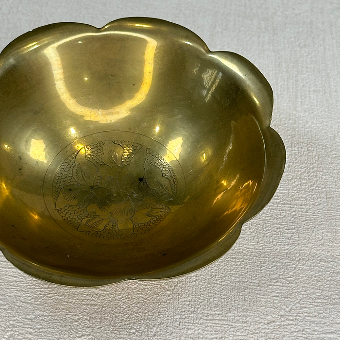 Vintage Brass Bowl 3 Footed Scalloped Edge Etched Floral "Foreign"