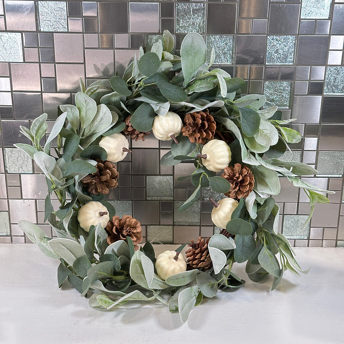 Autumn Wreath White Pumpkins Pinecones Eucalyptus Fall Door/Wall Decor 30cm