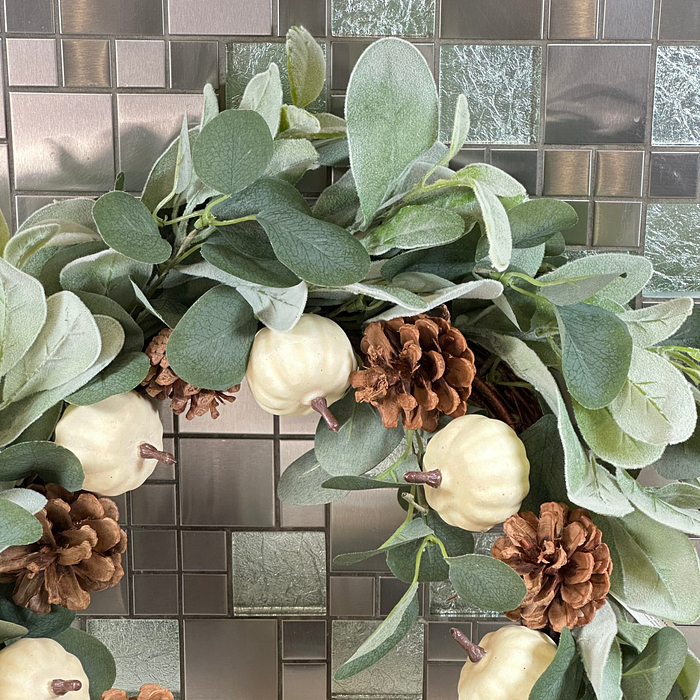 Autumn Wreath White Pumpkins Pinecones Eucalyptus Fall Door/Wall Decor 30cm