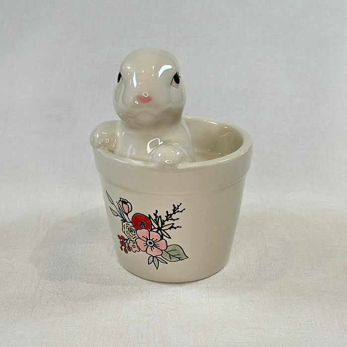 Title: Vintage Rabbit in Pot Ceramic Figurine Hand Painted Floral Easter Decor