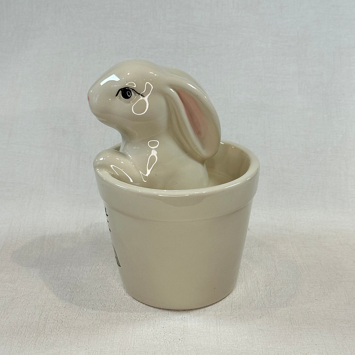 Title: Vintage Rabbit in Pot Ceramic Figurine Hand Painted Floral Easter Decor