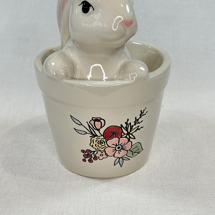 Title: Vintage Rabbit in Pot Ceramic Figurine Hand Painted Floral Easter Decor