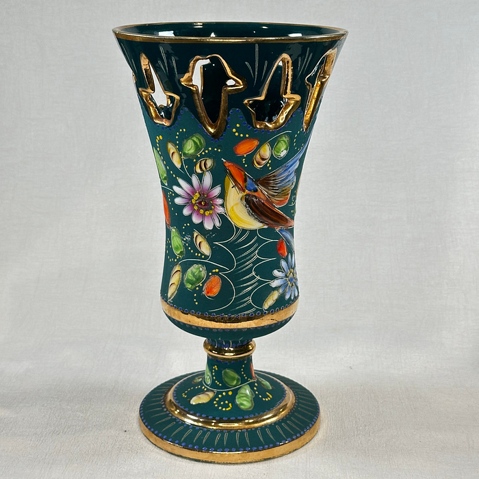 Vintage Hubert Bequet Vase Blue Green Floral Pedestal 1950s Belgium