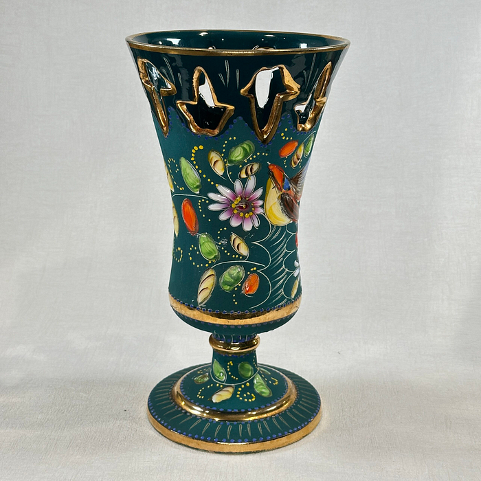 Vintage Hubert Bequet Vase Blue Green Floral Pedestal 1950s Belgium