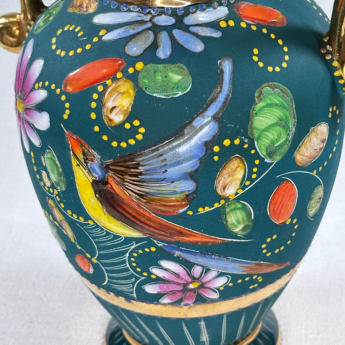 Vintage Hubert Bequet Vase Teal Floral Hummingbird 1950s Belgium