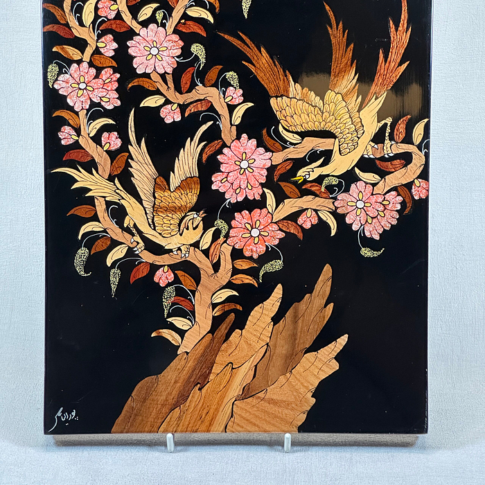 Vintage Signed Lacquer Miniature Art Birds Tree of Life Inlaid Wood