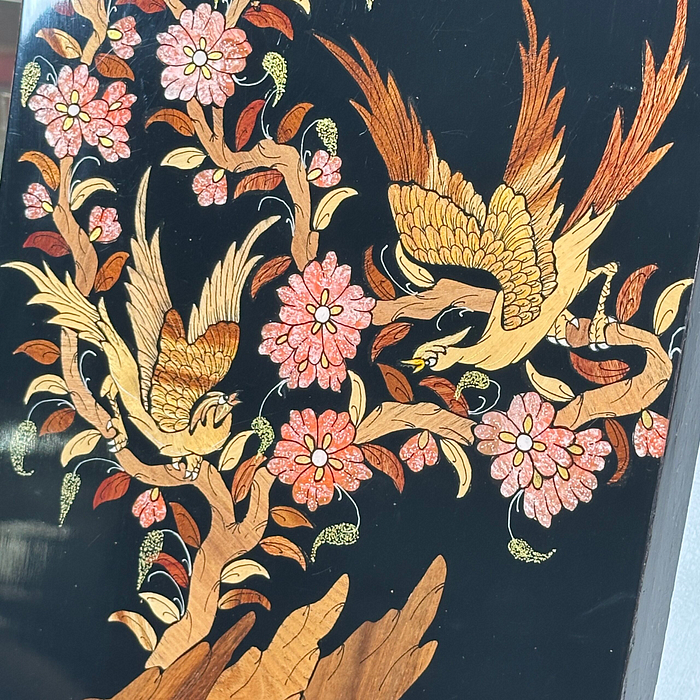 Vintage Signed Lacquer Miniature Art Birds Tree of Life Inlaid Wood