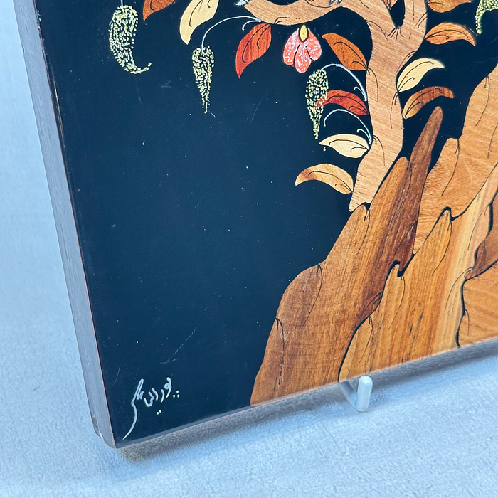 Vintage Signed Lacquer Miniature Art Birds Tree of Life Inlaid Wood