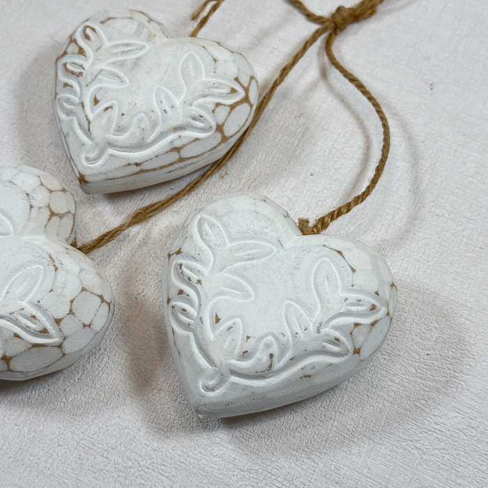 Set 3 White Wooden Hanging Hearts | Rustic Twine | Shabby Chic Decor 7.5cm