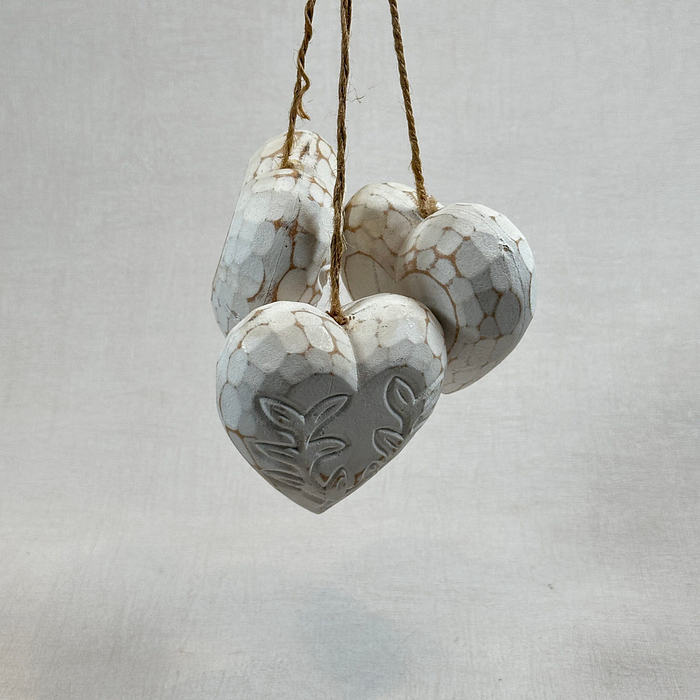 Set 3 White Wooden Hanging Hearts | Rustic Twine | Shabby Chic Decor 7.5cm