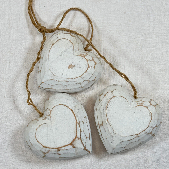 Set 3 White Wooden Hanging Hearts | Rustic Twine | Shabby Chic Decor 7.5cm