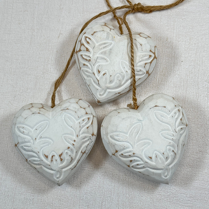 Set 3 White Wooden Hanging Hearts | Rustic Twine | Shabby Chic Decor 7.5cm