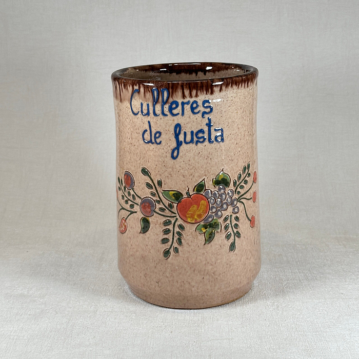 Vintage Spanish Pottery Utensil Holder | Mid Century Kitchen Pot | "Culleres"