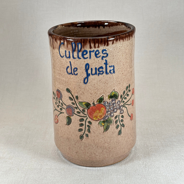 Vintage Spanish Pottery Utensil Holder | Mid Century Kitchen Pot | "Culleres"