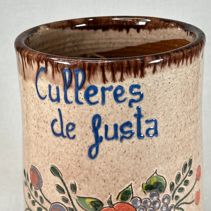 Vintage Spanish Pottery Utensil Holder | Mid Century Kitchen Pot | "Culleres"