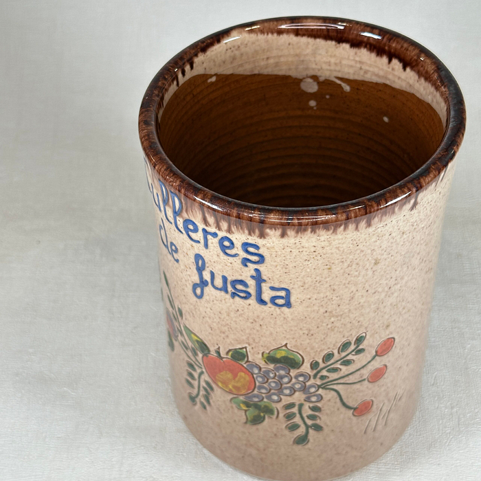 Vintage Spanish Pottery Utensil Holder | Mid Century Kitchen Pot | "Culleres"