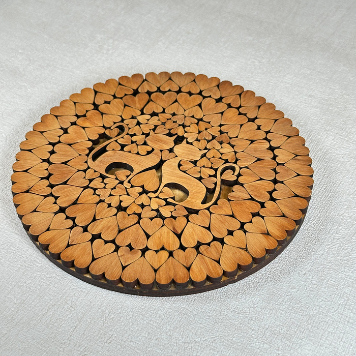 Handmade Wooden Trivet | Cat & Heart Design | Finnish Alder Wood | Coaster